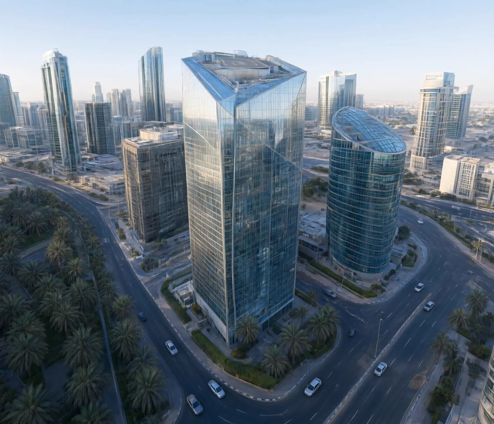 The Dubai business district in morning light.