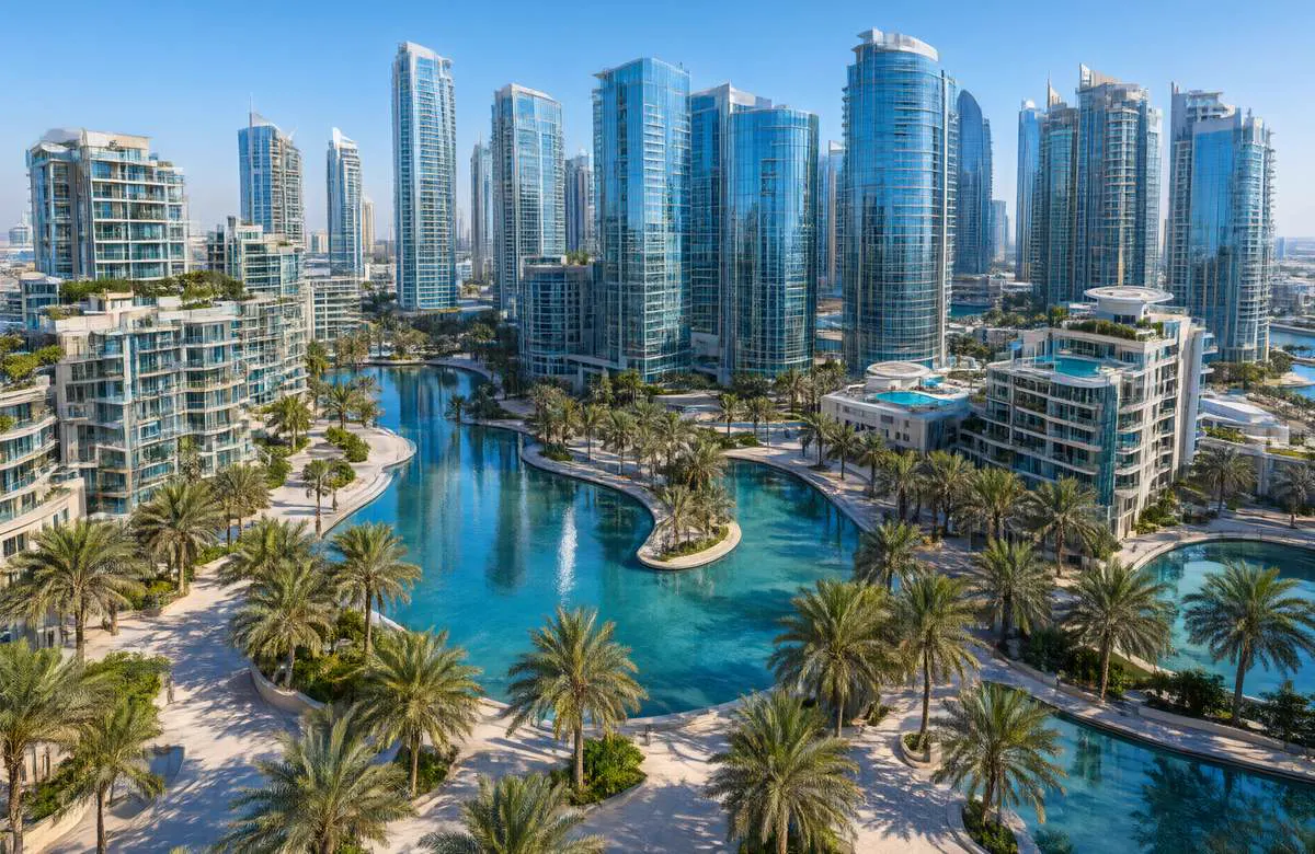 Towers and lakes of the DMCC district in Dubai.